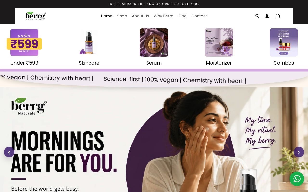 Berrg Naturals skincare ecommerce website preview