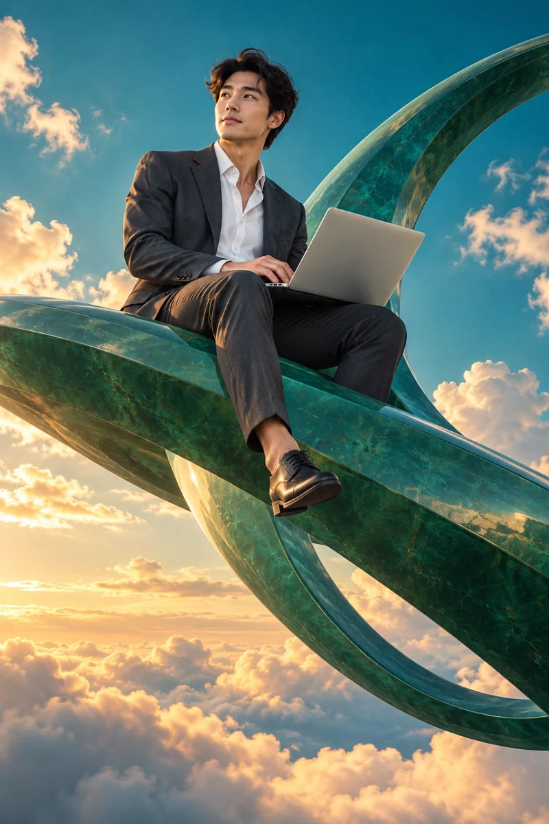 Male AI search strategist with a laptop on a green orbital sculpture