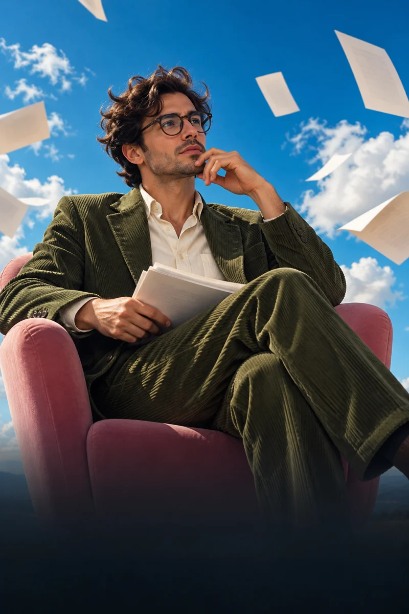 Creative strategist surrounded by floating pages under a blue sky