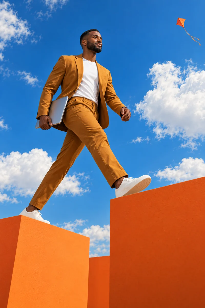 Male campaign strategist stepping across orange platforms beneath a blue sky