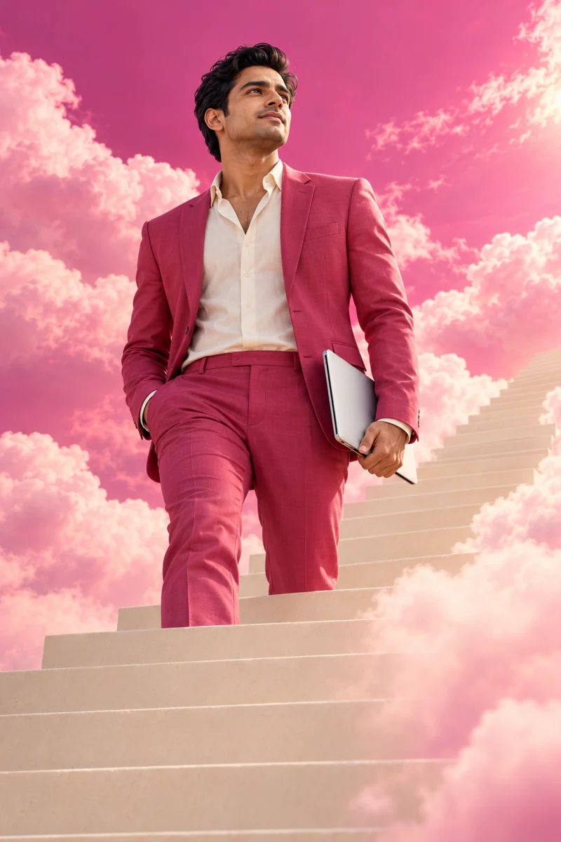 Male SEO strategist with a laptop on steps rising through a pink sky