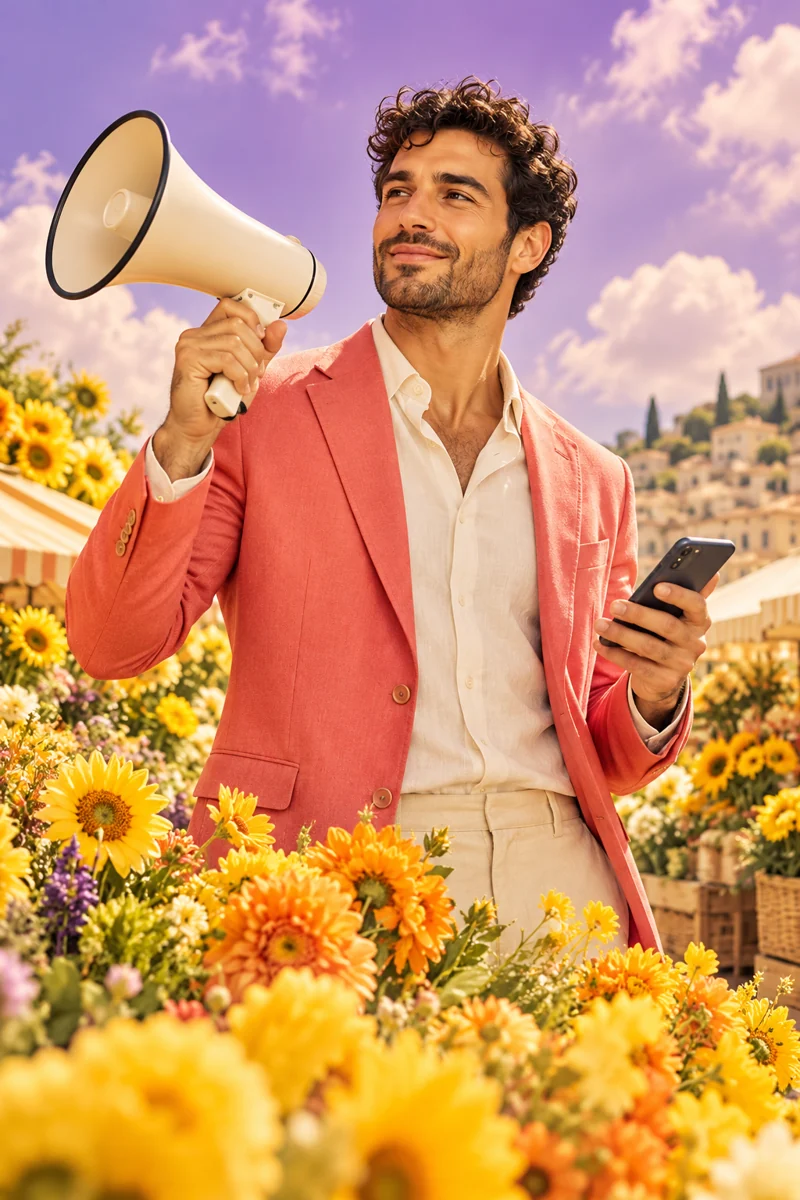 Male social media creative holding a megaphone among colorful flowers