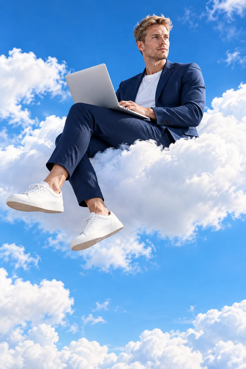 Blond male web designer working on a laptop in a weightless pose against a blue sky